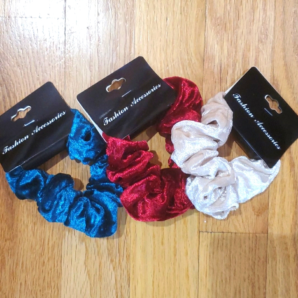 NWT velvet hair scrunchy lot of blue, red, and tan